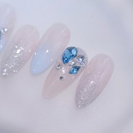 Ice Blue Handmade Nail Tips - Coffin Long / 아이스블루 수제네일팁 - 코핀롱