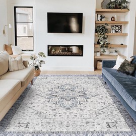 BILEEHOME Blue Dining Room Rug 6x9 Washable Easy to Clean Stain Resistant Medallion Printed Vintage Area Rug for Bedroom