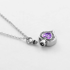 KunBead Jewelry February Birthstone Heart Urn Ashes Pendant Memorial Keepsake Necklace for Cremation Ashes into Necklace