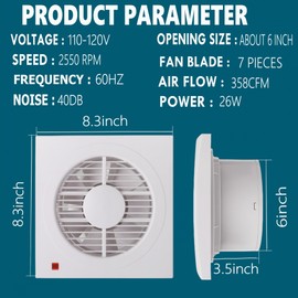 Aydomer 6 Inch Exhaust Fan, 26W Wall Mount Small Ventilation Fan With Switch, 358CFM Ventilation Extractor Fan With Anti-backflow Check Valve Ultra Thin For Bathroom Kitchen Garage(White)