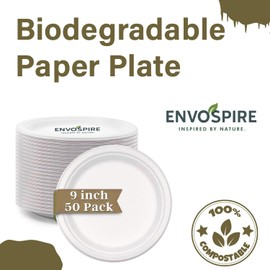 ENVOSPIRE 9” Bagasse Disposable Heavy Duty Plates – Pack of 50 | Eco-Friendly, Heavy-Duty Paper Plates | Compostable, Biodegradable, Food Grade Sugarcane Fiber | for Home, Events, Camping & More.