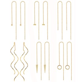 Drperfect 6 Pairs Stainless Steel Chain Tassel Earrings for Women Lightweight Wave Threader Ball Dangle Drop Minimalist Chain Earrings Set Gold Tone