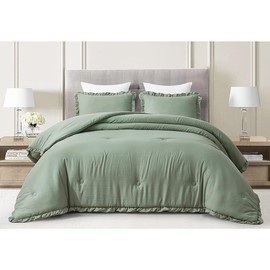 3-Piece Luxury Sophisticated Crinkled Stone Washed Microfiber Ruffle Comforter Set | Edge Trim Ring Stitch Vintage Sage Green Solid Color | Modern Cozy Fluffy Shabby Chic Bedding Oversized King Size
