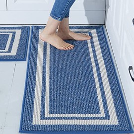 COSY HOMEER Kitchen Mat [2 PCS] Thick Kitchen Rugs Non-Skid 20"x30"+20"x48"Kitchen Mats and Rugs Ergonomic Comfort Standing Mat for Kitchen, Floor , Blue Frame