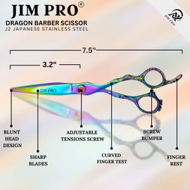 JIM PRO Professional Quality 440C Japanese Barber Scissor - Hair Cutting Scissors, 7 Inch Professional Japanese Stainless Steel Barber Hair Scissors, for Both Salon and Home Use (RAINBOW-440C)