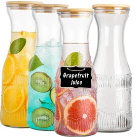 wookgreat Glass Carafe Pitchers with Lids, Set of 4 1 Liter Embossed Designed Beverage Pitcher Carafe Set for Mimosa Bar, Juice Container for Brunch, Cold Water, Juice -With 4 Wooden Chalkboard Tags