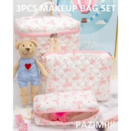 3PCS Makeup Bag SET Large Travel Quilted Zipper Soft Cosmetic Case Pouch for Women Girls Make Up,Bow Pink