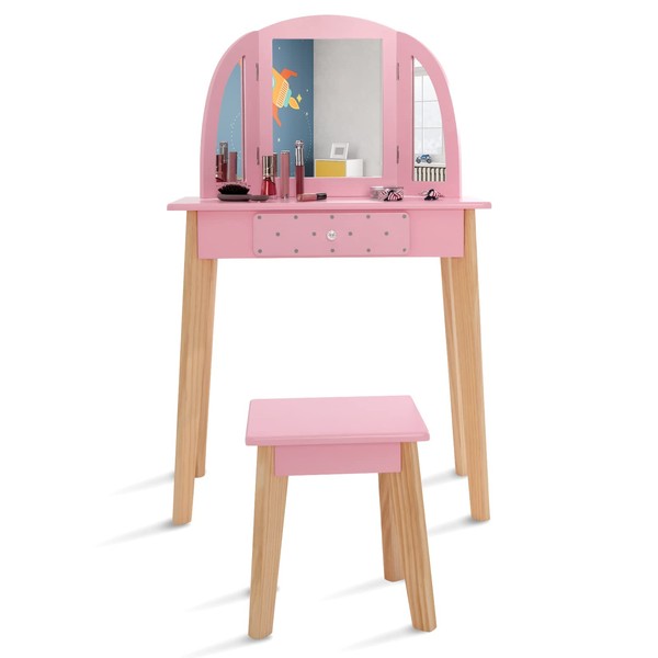 GYMAX Kids Vanity Table and Stool, Wooden Girls Dressing Table with Tri-folding Mirror & Drawer, 2 in 1 Children Make up Desk Set for 3-7 Years Old (Pink)