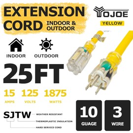 YOJOE Indoor Outdoor Extension Cord with Lighted End, 3 Prong 15A Weatherproof Power Extension Cord, 10 Gauge Heavy Duty 25 ft Yellow Extension Cord for Garage, Garden and Home, 10/3 SJTW UL Listed