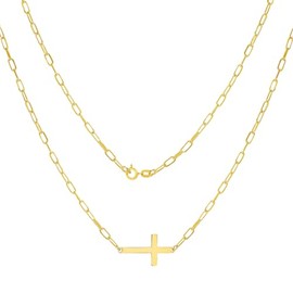 14k Yellow Gold Sideways Cross Paperclip Necklace with Spring Ring Clasp, 18"