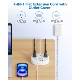 Flat Extension Cord with Outlet Cover & Cable Clips- 5 FT, 1625W Child Proof Extension Cord with 3 AC Outlet 4 USB (24W/4.8A), Flat 90 Degree Power Strip for Behind Furniture Couch Sofa TV, etc