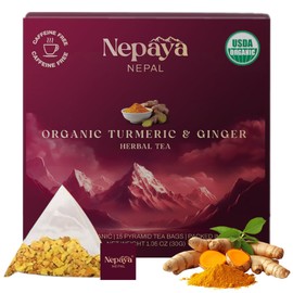 Organic Turmeric Ginger Herbal Tea 15 Count Pyramid Tea Bags from the Himalayas, Caffeine Free, Gluten Free, USDA Organic, warm and spicy Taste, biodegradable Tea Bags