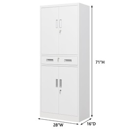 Metal Storage Cabinet, 71" H x 28" W x 16" D Locking Storage Cabinet with Adjustable Shelves and One Drawer, Steel Storage Cabinet for Office, Garage, Home, School, Utility(White)