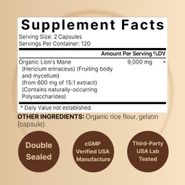 Lions Mane Mushroom Supplement Capsules 9,000mg, 240 Capsules | 120 Days Supply – Made with Organic Lion’s Mane Powder Extract – Cognitive Brain Nootropic & Immune Health Support – Non-GMO