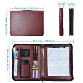 Faux Leather Portfolio Binder 3 Ring with Clipboard, Executive Business Padfolio with Handle, Zippered Case Ring Binder with Writing Notepad,Multifunctional Document Organizer Folio (Brown)