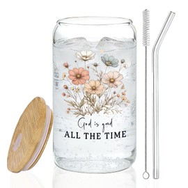 IWXYI Floral Christian Glass Cup with Lids and Straws 14oz, Christian Gifts for Women, God Is Good All the Time Bible Verse Religious Iced Coffee Tea Drinking Glasses with Cleaning Brush