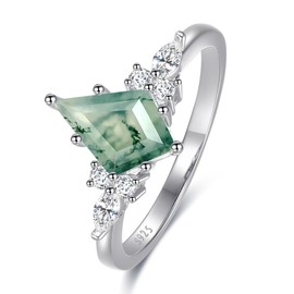 Bonlavie Moss Agate Rings for Women - Kite Cut Engagement Wedding Rings 925 Sterling Silver Ring for Women Size L 1/2