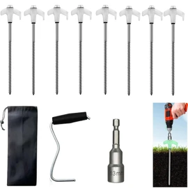 8 Pack Screw in Tent Stakes,8" Heavy Duty Glow-in-The-Dark Canopy Camping Pop-up Tent Stakes, Hex Pegs Drillable,Metal Threaded Tent Spikes,with a Pull Hook and Storage Bag