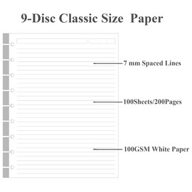 9-Disc Discbound Lined Refill Paper, Classic Size Pre-punched Happy Planners Inserts, 100Sheets/200Pages Loose-Leaf Paper, 100gsm White Paper, 7" x 9.25"