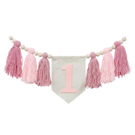 Happy 1st Birthday High Chair Banner, 1 Pcs Handmade Boho 1st Birthday High Chair Banner, Pink Themed Birthdays Decoration Banners Photo Backdrop for Kids Birthdays Party