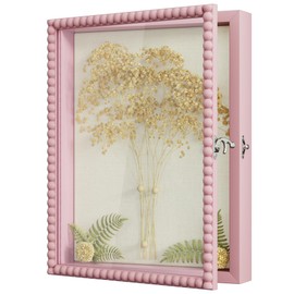 Love-KANKEI Shadow Box Frame 11x14, Deep Large Shadow Box Display Case with Unique Beads Door and Glass Window, Wood Memory Box Gift for Pictures,Medals,Memorabilia,Collections Pink