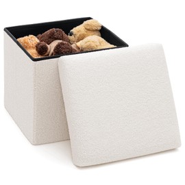 LUSIMO Folding Storage Ottoman Bench, 15 Inch Boucle Small Ottoman Foot Rest for Couch, End of Bed Bench with 397 lb Capacity, Storage Chest for Living Room, Bedroom, Entryway White