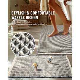Large Waffle Bath Mat Set, Non Slip Bathroom Mat Set of 2, Ultra Absorbent Grey Bath Mats for Bathroom Decor, Soft Bathroom Rugs Sets, Washable Bathroom Runner, 20"×47" and 16"×24" Bathroom Floor Mat