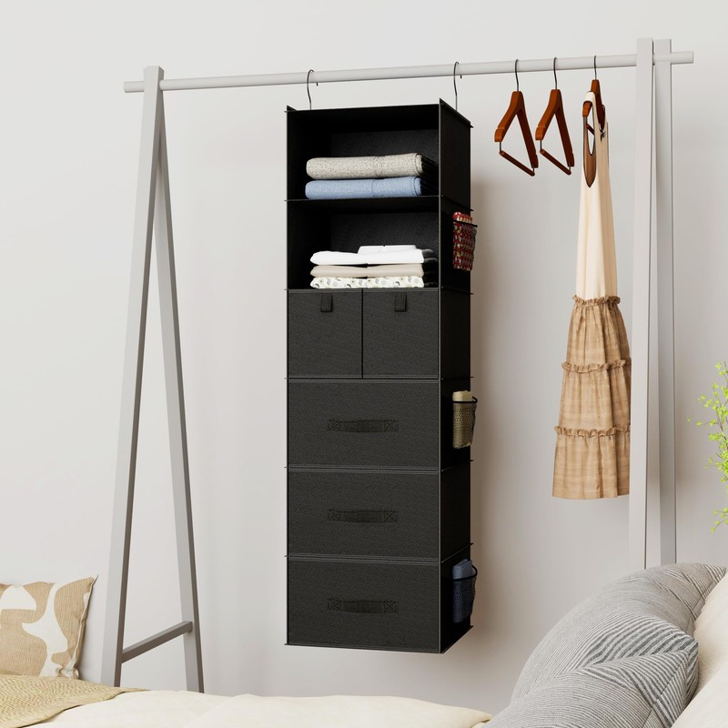 Bosuelife 6-Shelves Hanging Closet Organizer with 5 Different Drawers, Foldable