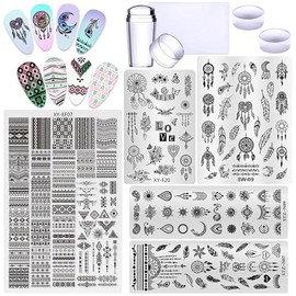 Juego de 5 placas de estampación de uñas estilo bohemio, plantilla geométrica con punta francesa, kit de estampación de uñas para uñas, salón de bricolaje, suministros de herramientas