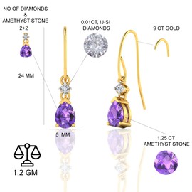 LORDS JEWELS 0.05 Carat Diamond and 1.18 carat Amethyst Earrings in 9 ct White gold | Diamond Jewellery For Girls | Diamond Earrings For Women