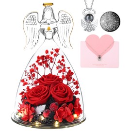 Chrismtas Gifts for Women,Xmas Gifts for Mom,Angel Gifts for Women Glass Angel Figurines with Three Preserved Red Rose&Necklace,Forever Flowers Xmas Gifts for Her on Christmas Birthday Valentines Day