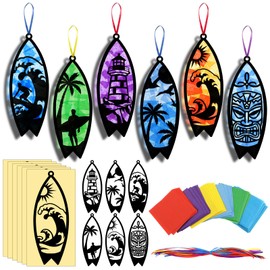 AmazingSpark 30 Pcs Beach Surfboard Suncatchers Paper Craft Set Sea Ocean Beach Surfboard DIY Stained Glass Effect Tissue Paper Kits Gift Bulk for Summer Classroom Activities Art Party Decor
