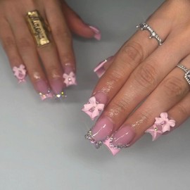 MERVF Square Press on Nails Medium Fake Nails Pink French Tip Glue on Nails 3D Charms Bow Press ons Rhinestones Design Squoval Cute Glitter Acrylic Nails Glossy 24pcs