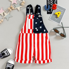 Chloefairy 4th of July Toddler Baby Girl Boy One Piece Outfit American Flag Overalls Romper with Pocket Shorts Jumpsuit (Stripe, 12-18 Months)