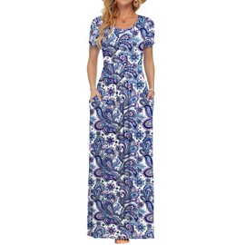 AUSELILY Women's Short Sleeve Loose Plain Casual Long Maxi Dresses for Women 2025 Bandanna White Pink S