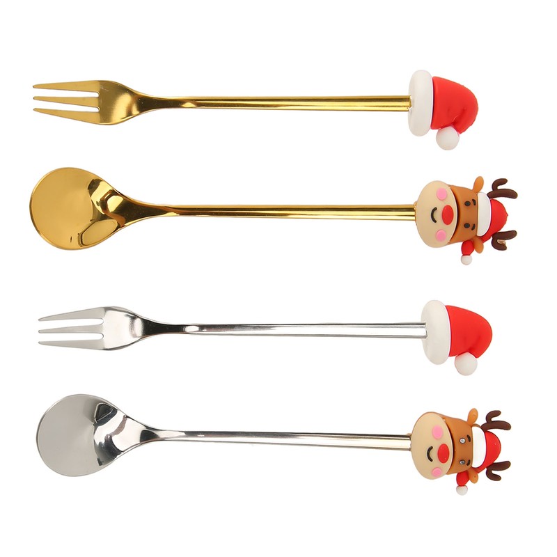 4Pcs Christmas Spoons and Forks Set Stainless Steel Cartoon Funny