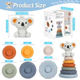 Dekewe 7 Pcs Stacking & Nesting Circle Baby Toys, Squeeze Teething Baby Toys and Soft Building Stacking Rings with Koala Figure, Early Educational Toy Gifts for 6 12 18 Months Baby Toddler Boys Girls