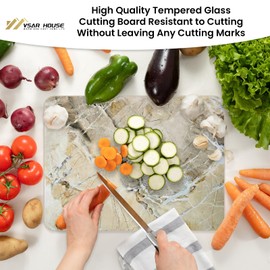 VSAR House Tempered Glass Cutting Board for Kitchen, 16"x12" Glass Cutting Board with Design, Anti-Slip Feet, Dishwasher Safe, Heat Resistant, Scratch Resistant, Warm Brown