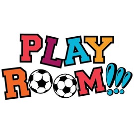 Wall Decal: Playroom with Soccer Balls Colorful Design Vinyl - Entrance Banner Word Art for Kid's Play Room Decoration - 30" x 18"