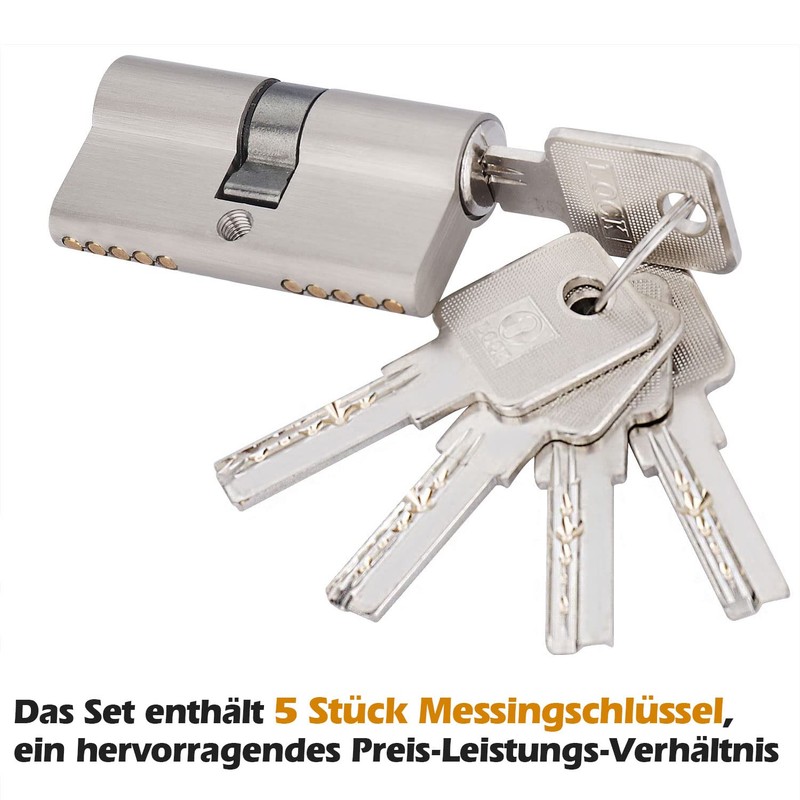 Brass Lock Cylinder 30/30 with 5 Brass Keys, Profile Double