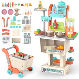 deAO Kids Shopping Cart Kitchen Toy,2 in1 Kitchen Playset Toddler Pretend Play with Play Food,PlayPots,Pans, for Ages 3+