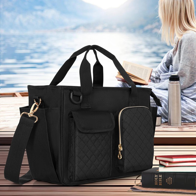 Luxja Large Bible Bag with Water Bottle Pockets, Bible Tote