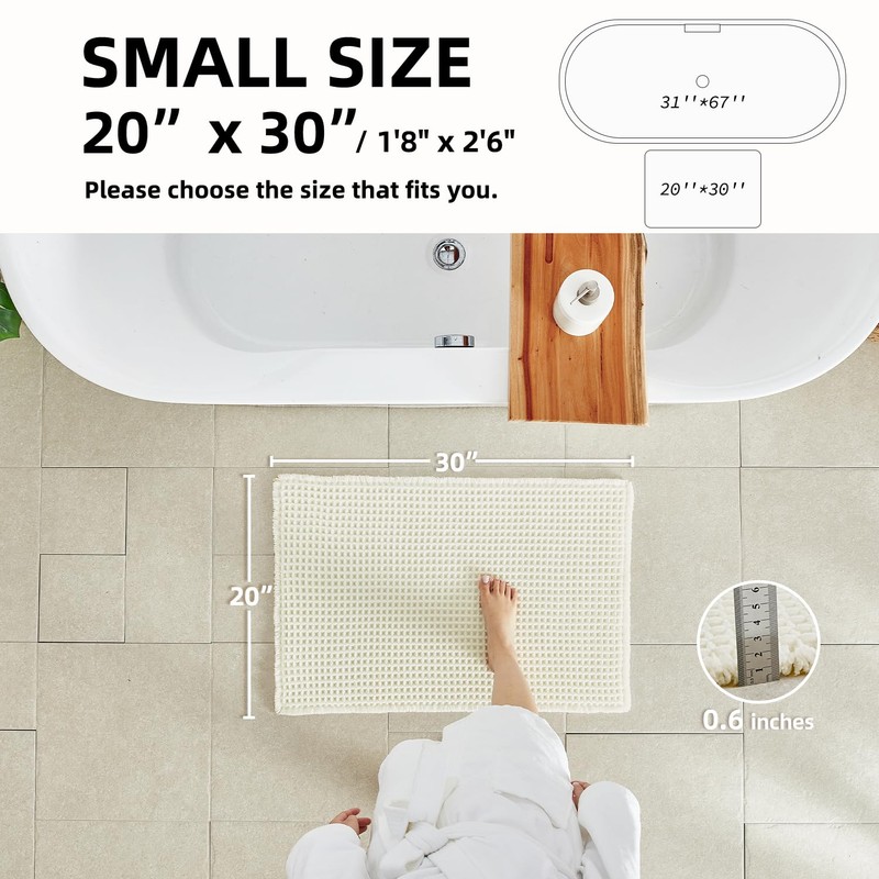 TYUU Cream White Bathroom Rugs, Waffle Bath Mat Non Slip