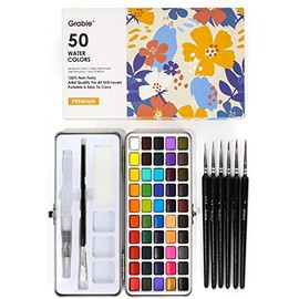 Grabie Juego de pintura de acuarela, ideal para pintar, 50 colores, pincel de detalles incluido, suministros de arte para artistas, aficionados, entus