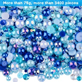 Kikonoke 75g Mix Resin Pearls Rhinestones Kit, 3-10mm Half Pearls and 2-6mm Flatback Rhinestones for Nail Art Decoration Shoes Clothes Tumblers Scrapbooking Craft DIY (Blue)