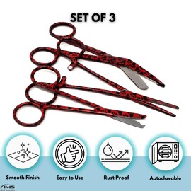 Hemostat and Scissors 3Pcs Set Includes Lister Bandage Scissors + Suture Stitch Scissors + Hemostat Forceps Multifunction Stainless Steel Colorful Pattern Vet Tech Nurse Gift (Red Black Paws)