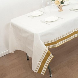 Tableclothsfactory White Airlaid Paper Rectangular Tablecloth with Gold Striped Border, Soft Linen-Feel Disposable Table Cover - 50"x108" for Party & Decorations
