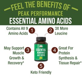 All 9 Essential Amino Acids Supplement. Capsules with 3X More Leucine for Muscle Recovery, Growth. EAA Supplement Better Than BCAA / BCAAS Branched Chain Aminos Acid. USA Tested EAAs for Men + Women