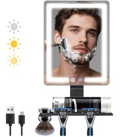 DESCHEN Heated Shower Mirror Fogless for Shaving Men with 3 Color Lights, 5000mAh Rechargeable Anti Fog Shaving Mirror for Shower Fogless, 12.5×8" Borderless Razor Holder for Shower Wall