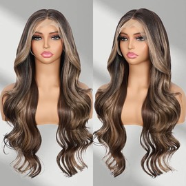 BABEHERS Brown Lace Front Wig for Women 13x4 Body Wave Synthetic Wig Highlight Pre-plucked Long Wavy Wig 150% Density Heat Resistant Hair Replacement Wigs 26inch